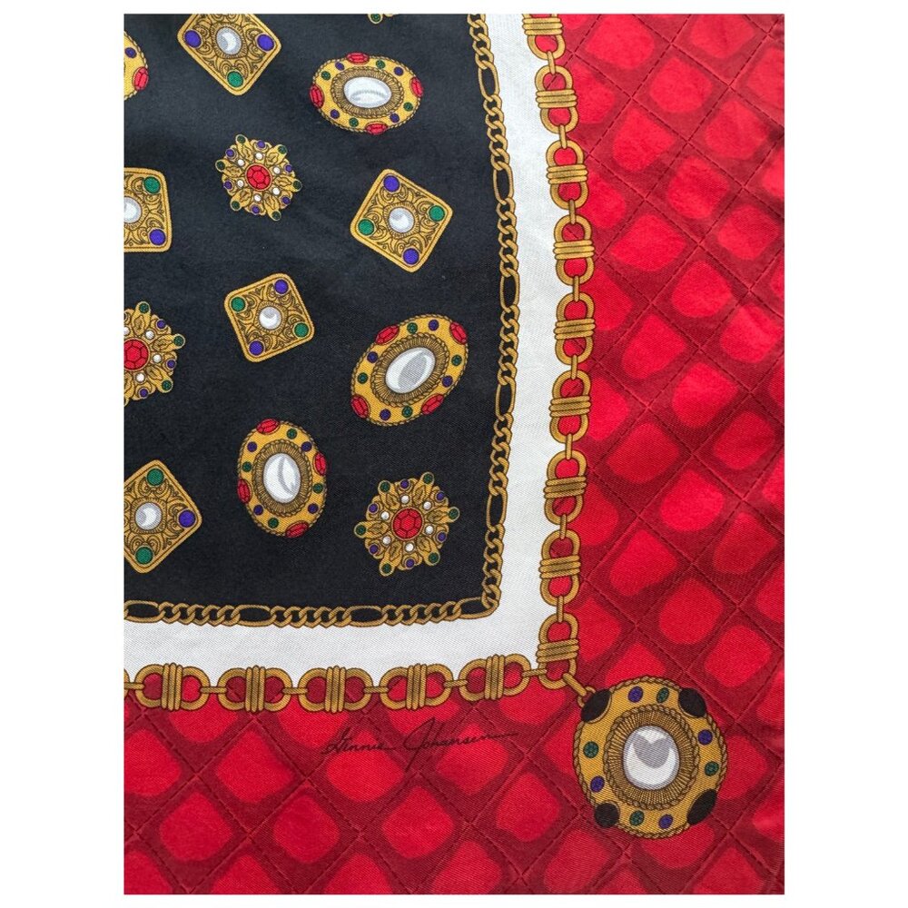 Ginnie Johansen Inc Silk Scarf Red Black Gold Chain Plaid Design Vintage 1988 - Picture 5 of 6